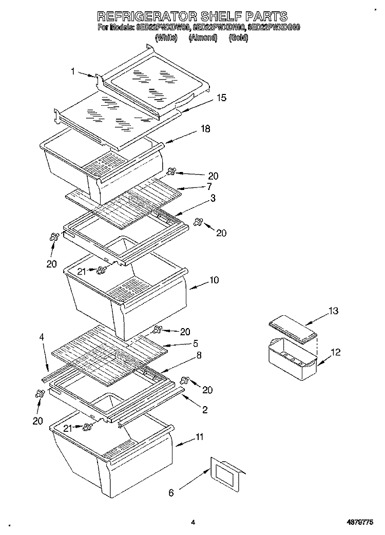 REFRIGERATOR SHELF Diagram and Parts List for 8ED22PWXDN00  Whirlpool Refrigerator