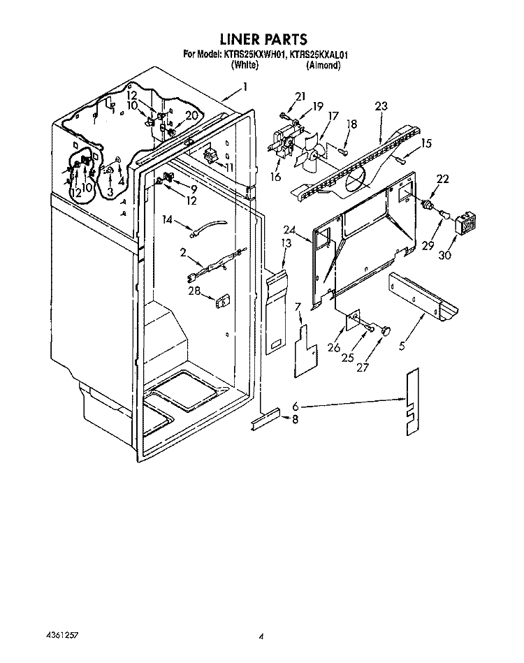 LINER Diagram and Parts List for KTRS25KXWH01  KitchenAid Refrigerator