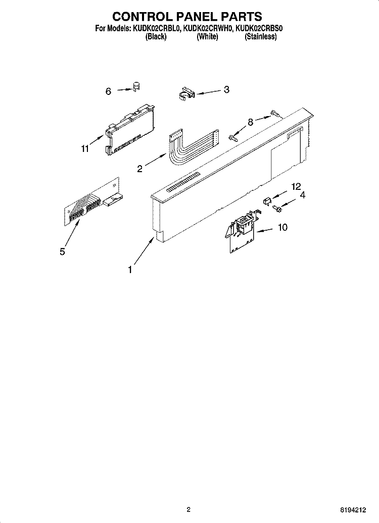 CONTROL PANEL PARTS Diagram and Parts List for KUDK02CRBS0  KitchenAid Dishwasher