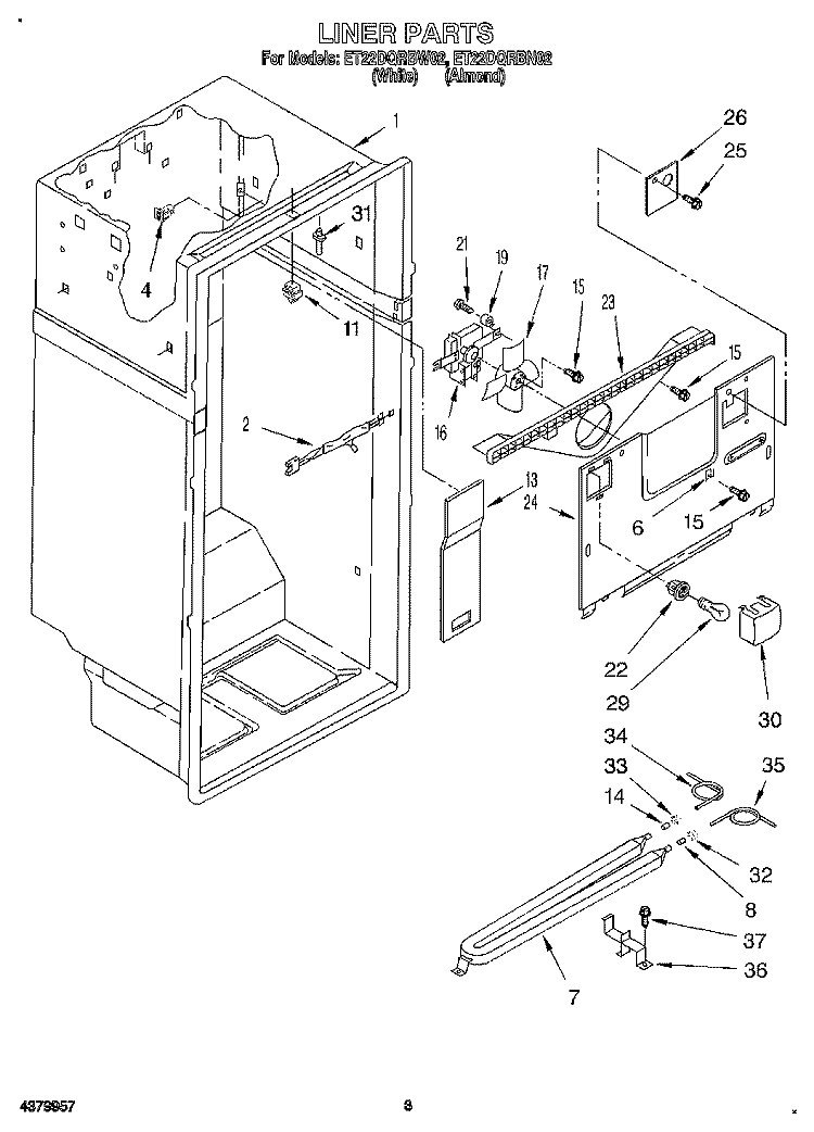 LINER Diagram and Parts List for ET22DQRBW02  Whirlpool Refrigerator