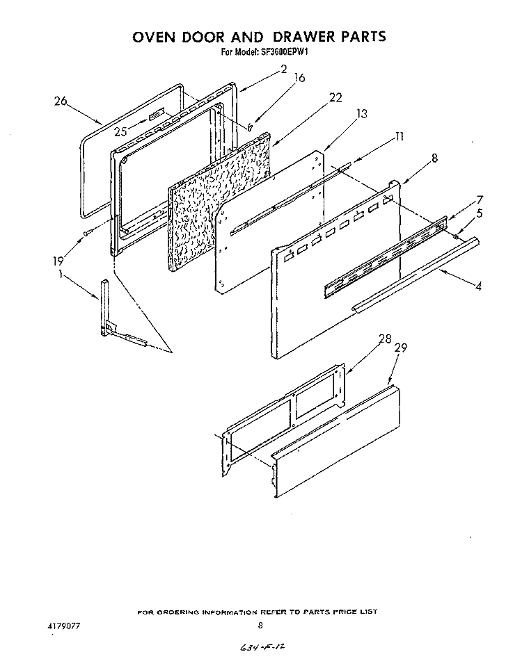 OVEN DOOR AND DRAWER Diagram and Parts List for SF3600EPW1  Whirlpool Range