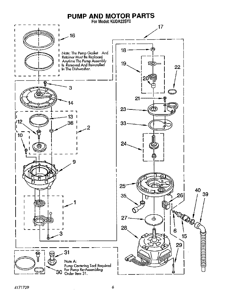 PUMP AND MOTOR Diagram and Parts List for KUDA23SY0  KitchenAid Dishwasher