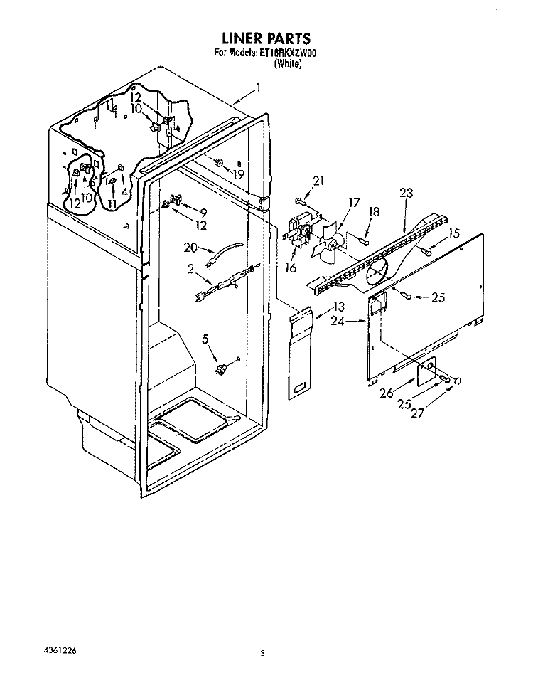 LINER Diagram and Parts List for ET18RKXZW00  Whirlpool Refrigerator