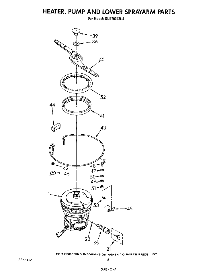 HEATER, PUMP AND LOWER SPRAY ARM Diagram and Parts List for DU9700XR4  Whirlpool Dishwasher
