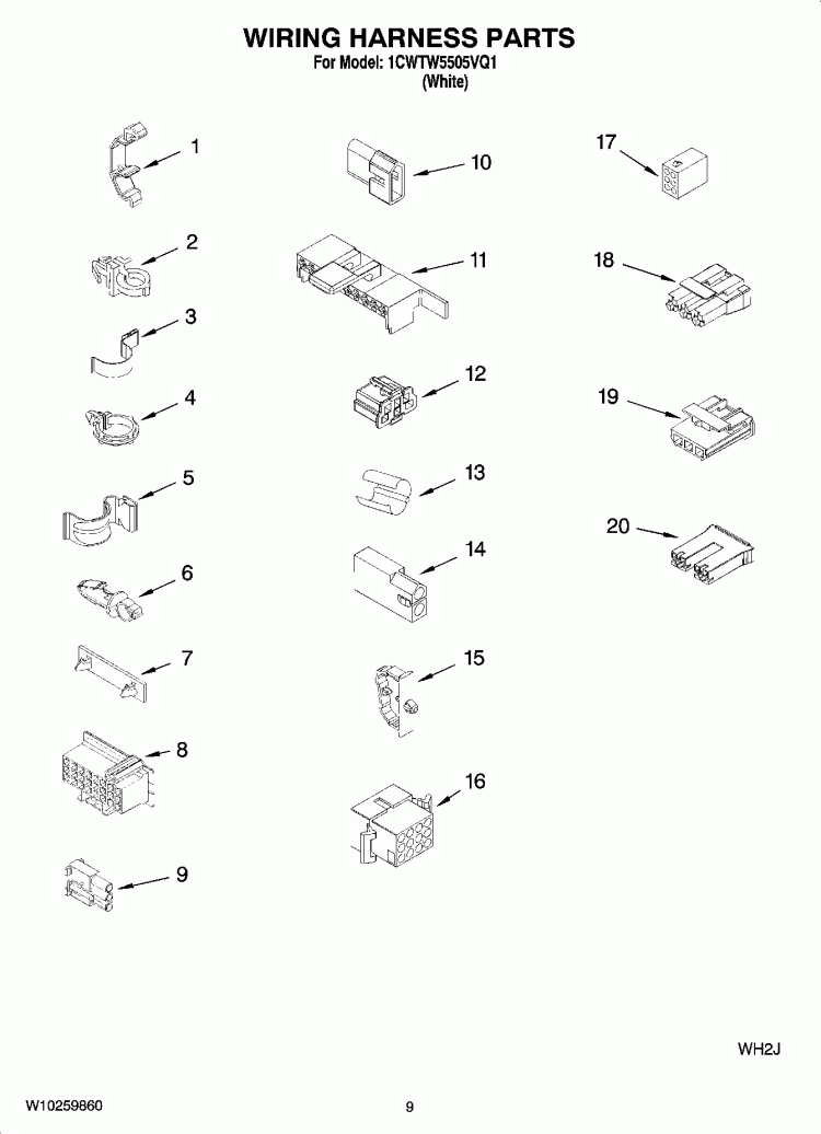 WIRING HARNESS PARTS Diagram and Parts List for 1CWTW5505VQ1  Whirlpool Washer