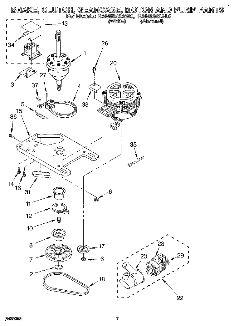 BRAKE, CLUTCH, GEARCASE, MOTOR & PUMP Diagram and Parts List for RAM5243AL0  Whirlpool Washer