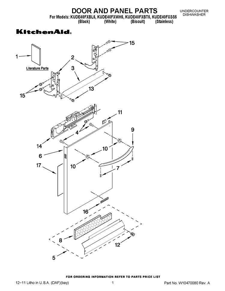 DOOR AND PANEL PARTS Diagram and Parts List for KUDE40FXSS5  KitchenAid Dishwasher