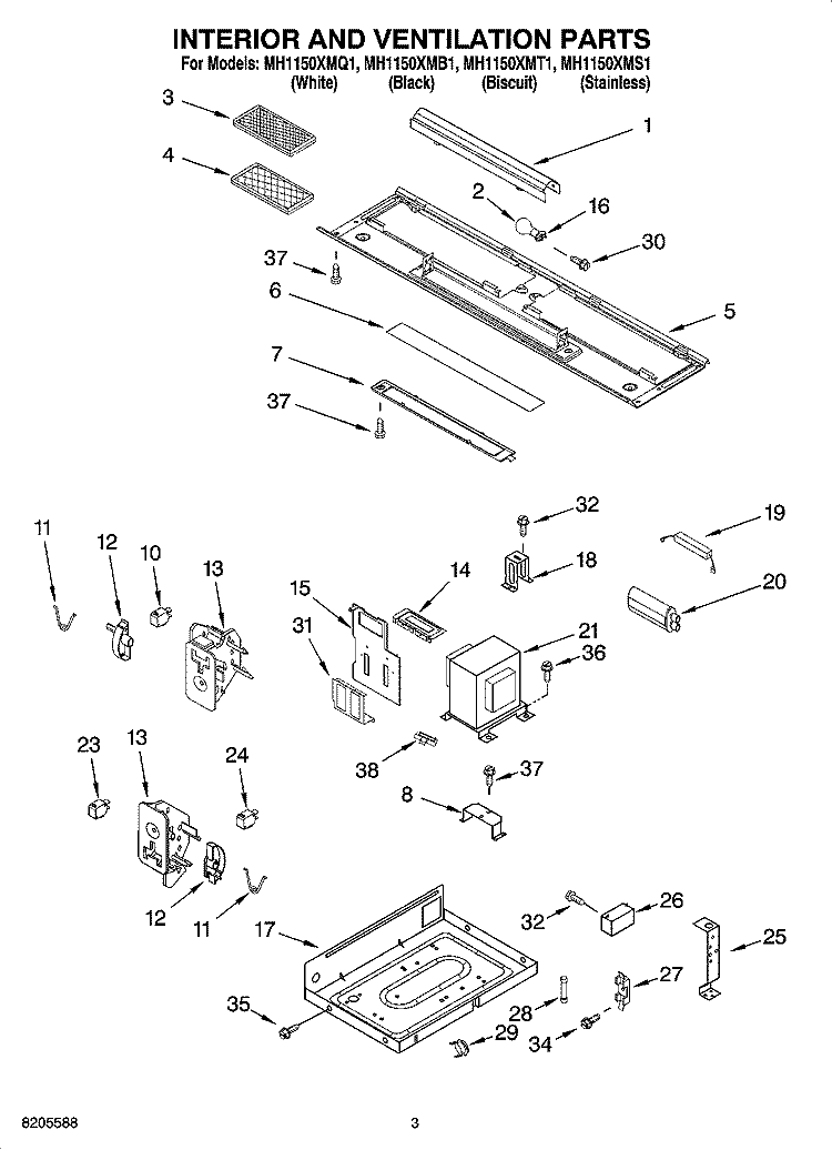 INTERIOR AND VENTILATION PARTS Diagram and Parts List for MH1150XMB1  Whirlpool Microwave