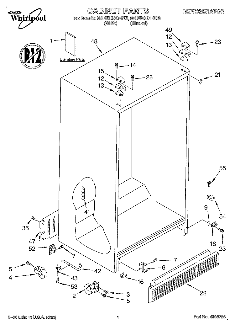 CABINET, LITERATURE Diagram and Parts List for 8ED25DQXFW03  Whirlpool Refrigerator
