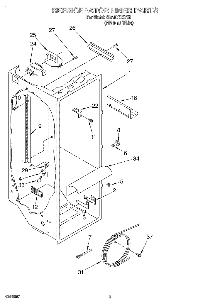 REFRIGERATOR LINER Diagram and Parts List for 3XART725F03  Whirlpool Refrigerator