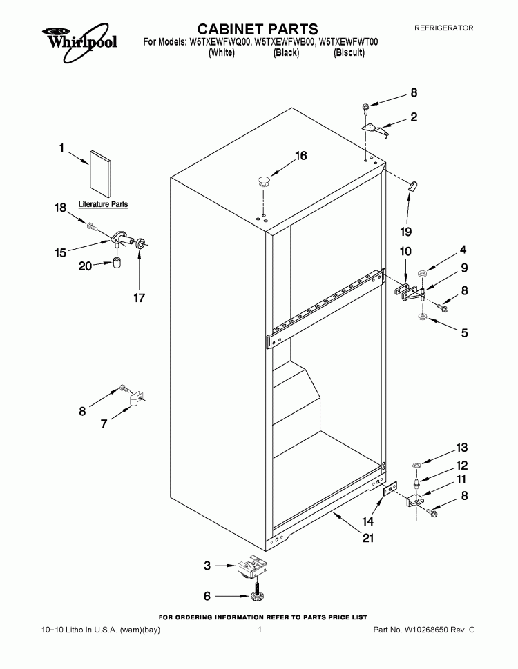 CABINET PARTS Diagram and Parts List for W5TXEWFWT00  Whirlpool Refrigerator
