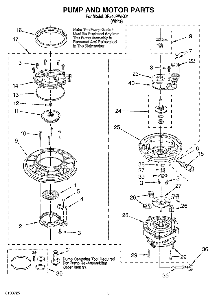 PUMP AND MOTOR Diagram and Parts List for DP940PWKQ1  Whirlpool Dishwasher