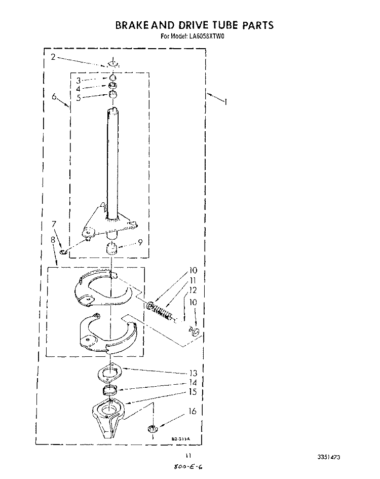 BRAKE AND DRIVE TUBE Diagram and Parts List for LA6058XTM0  Whirlpool Washer
