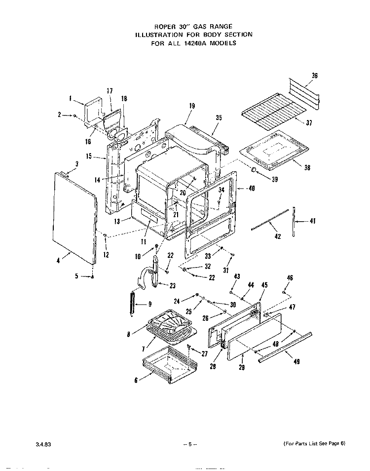 OVEN DOOR Diagram and Parts List for 1424W0A  Roper Range