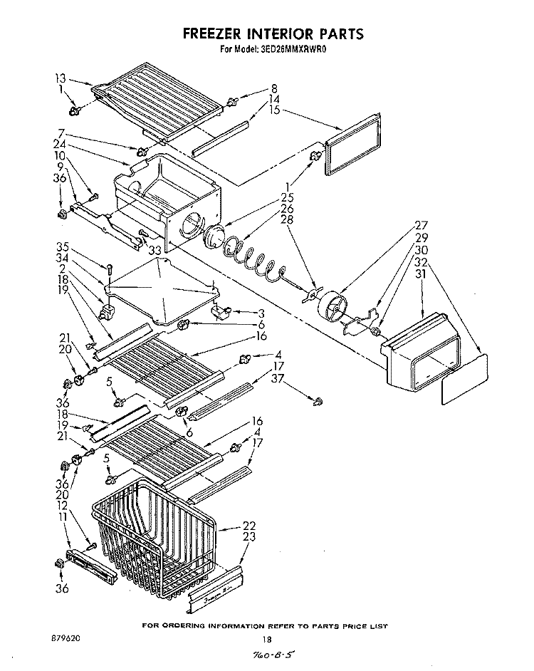 FREEZER INTERIOR Diagram and Parts List for 3ED26MMXRWR0  Whirlpool Refrigerator