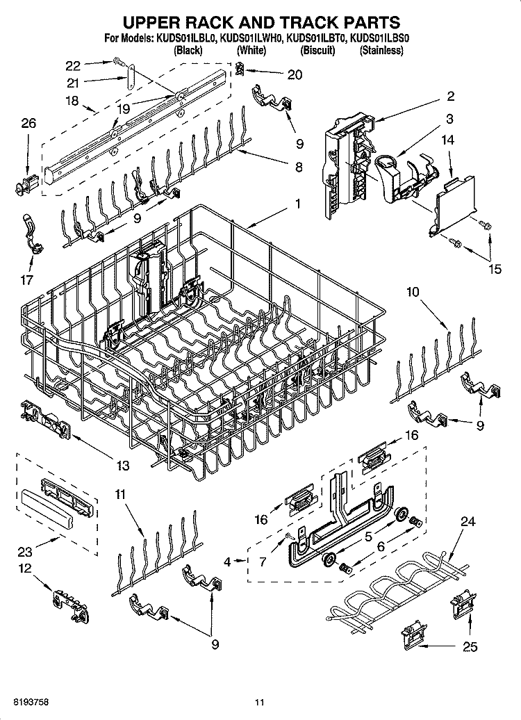 UPPER RACK AND TRACK PARTS Diagram and Parts List for KUDS01ILWH0  KitchenAid Dishwasher