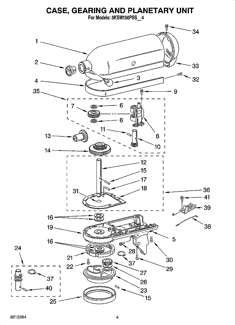 CASE, GEARING AND PLANETARY UNIT Diagram and Parts List for 5KSM150PSSOB4  KitchenAid Mixer