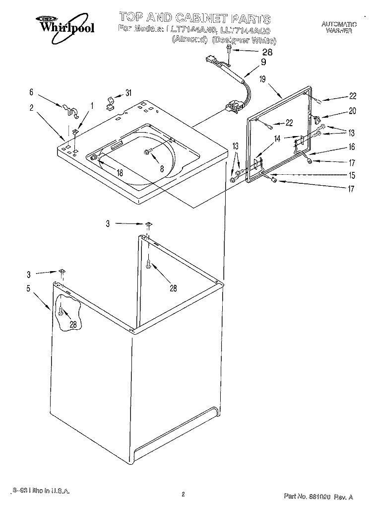TOP AND CABINET, LIT/OPTIONAL Diagram and Parts List for LLT7144AN0  Whirlpool Washer