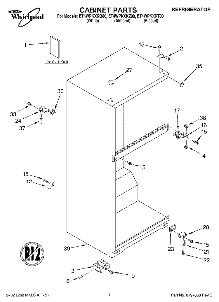 CABINET, LITERATURE Diagram and Parts List for ET4WPKXKQ00  Whirlpool Refrigerator
