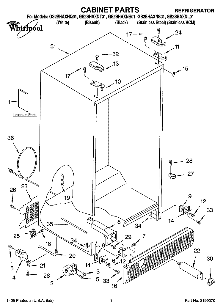 CABINET PARTS Diagram and Parts List for GS2SHAXNL01  Whirlpool Refrigerator