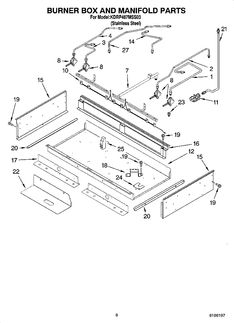 BURNER BOX AND MANIFOLD PARTS Diagram and Parts List for KDRP487MSS03  KitchenAid Range