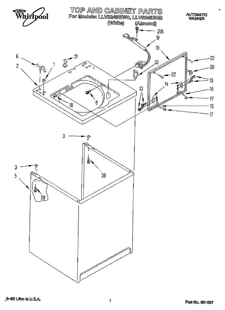 TOP AND CABINET, LIT/OPTIONAL Diagram and Parts List for LLV8245BW0  Whirlpool Washer