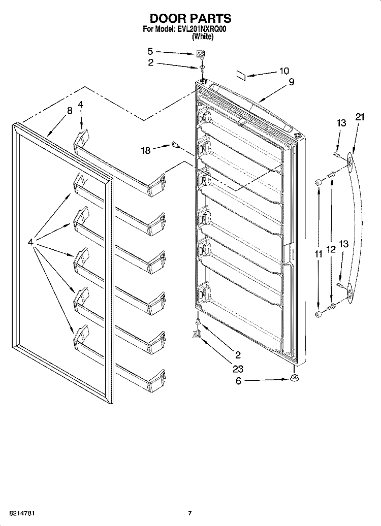 DOOR PARTS, OPTIONAL PARTS (NOT INCLUDED) Diagram and Parts List for EVL201NXRQ00  Whirlpool Freezer