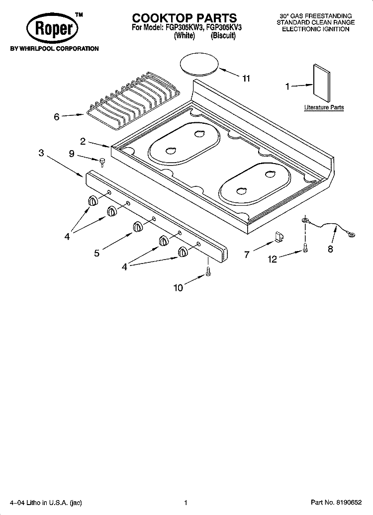 COOKTOP PARTS Diagram and Parts List for FGP305KV3  Roper Range