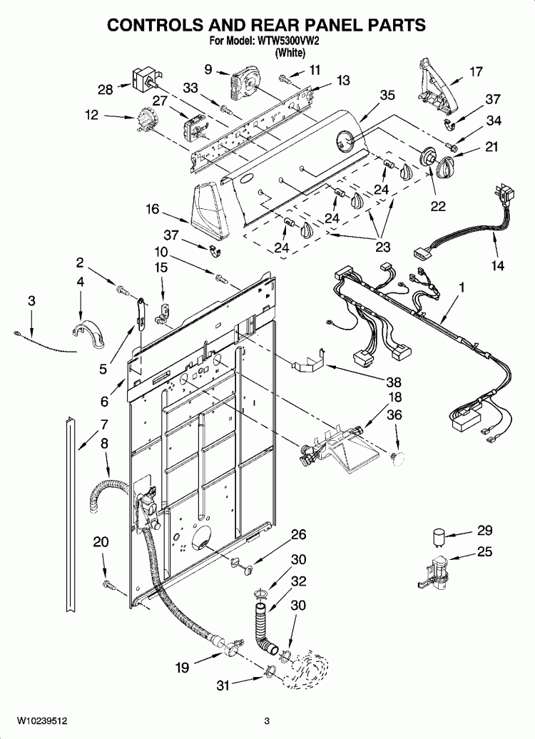 CONTROLS AND REAR PANEL PARTS Diagram and Parts List for WTW5300VW2  Whirlpool Washer