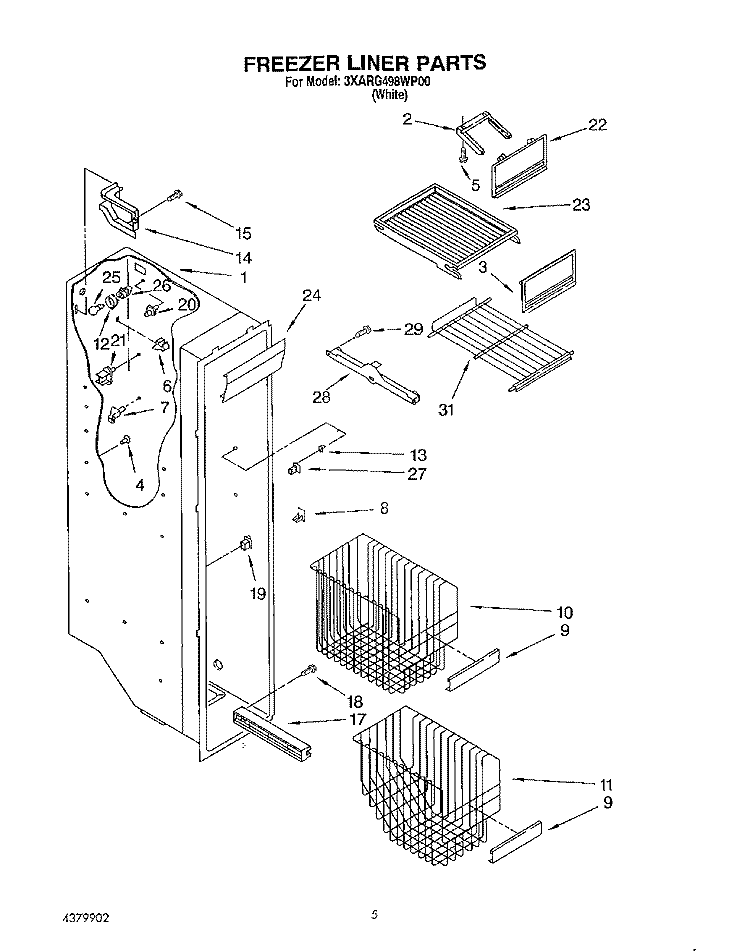 FREEZER LINER Diagram and Parts List for 3XARG498WP00  Whirlpool Refrigerator