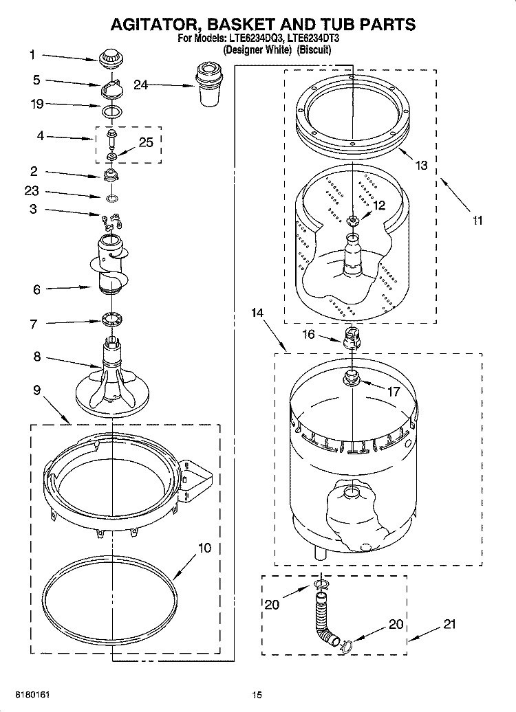 AGITATOR, BASKET AND TUB PARTS Diagram and Parts List for LTE6234DQ3  Whirlpool Washer Dryer Combo
