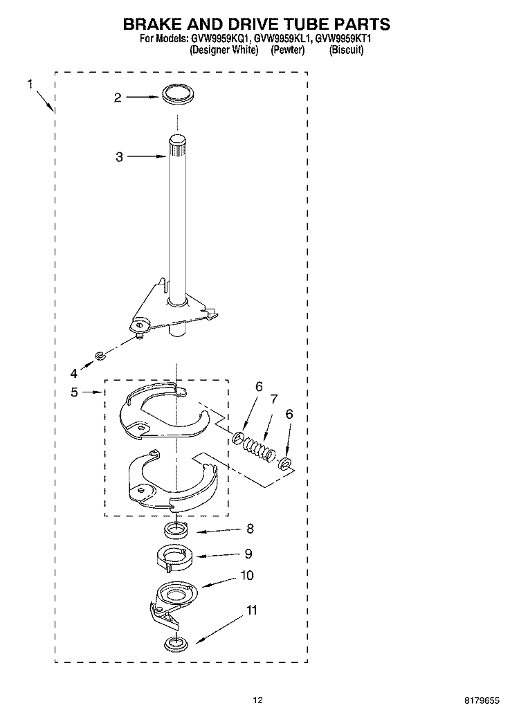 BRAKE & DRIVE TUBE Diagram and Parts List for GVW9959KT1  Whirlpool Washer