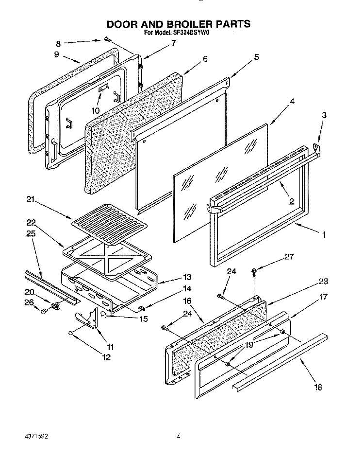DOOR AND BROILER Diagram and Parts List for SF304BSYN0  Whirlpool Range