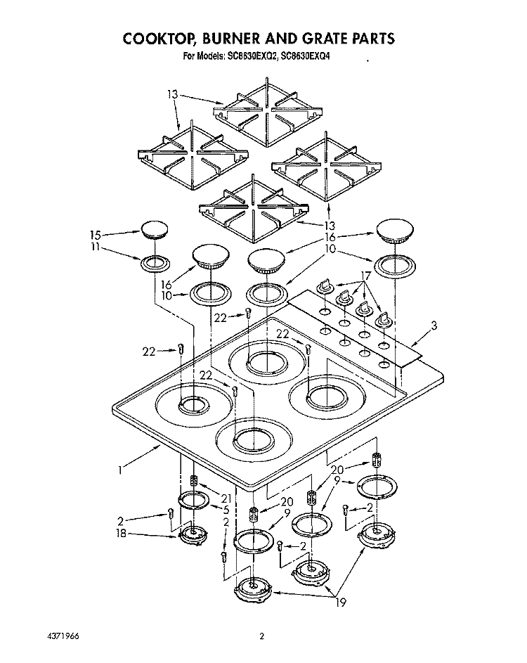 COOKTOP, BURNER AND GRATE Diagram and Parts List for SC8630EXQ2  Whirlpool Cooktop