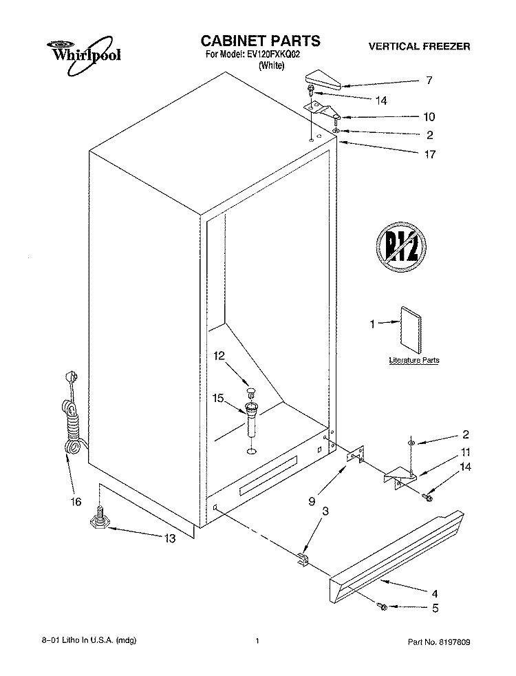 CABINET, LITERATURE Diagram and Parts List for EV120FXKQ02  Whirlpool Freezer