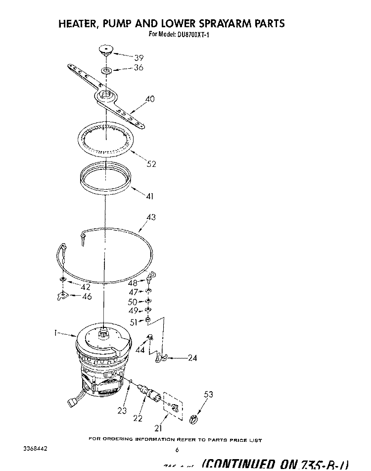HEATER, PUMP AND LOWER SPRAYARM Diagram and Parts List for DU8700XT1  Whirlpool Dishwasher