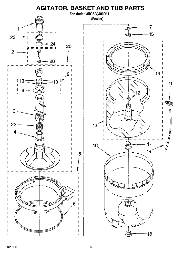 AGITATOR, BASKET AND TUB PARTS Diagram and Parts List for 3RGSC9400RL1  Whirlpool Washer