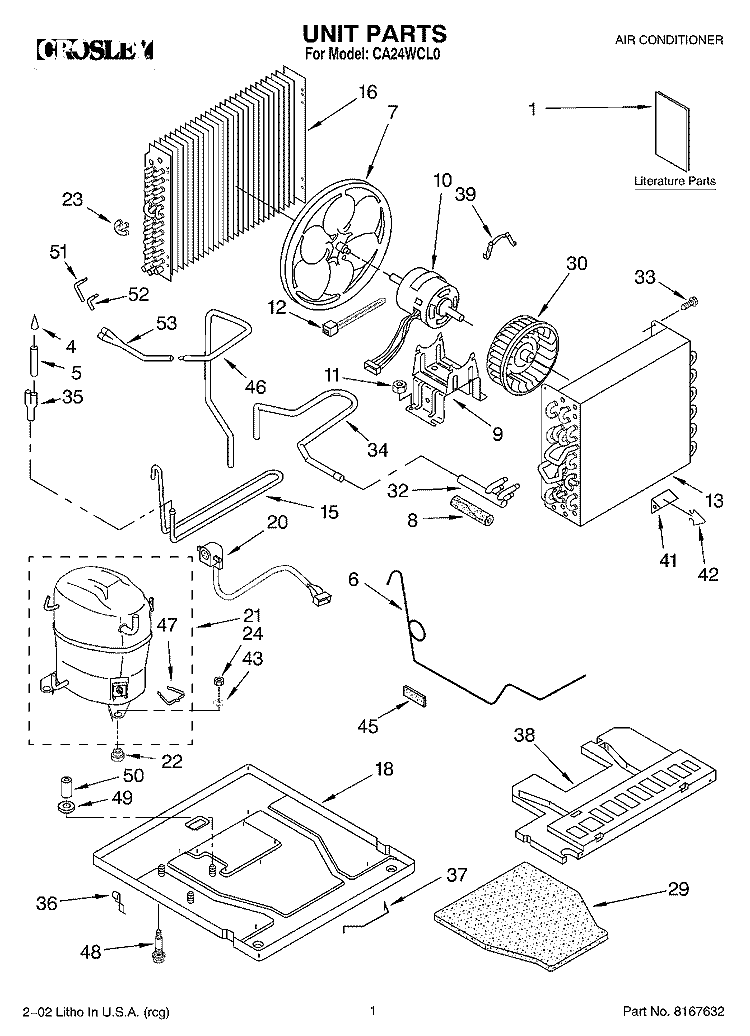 UNIT, LITERATURE Diagram and Parts List for CA24WCL0  Crosley Air Conditioner