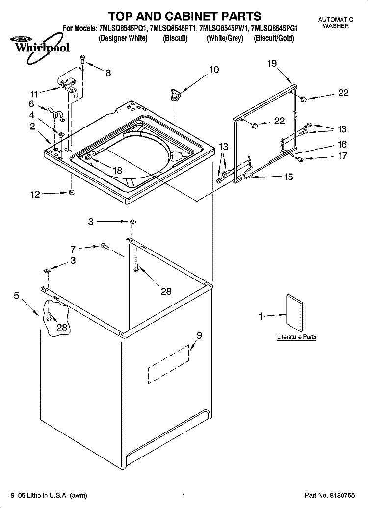 TOP AND CABINET PARTS Diagram and Parts List for 7MLSQ8545PQ1  Whirlpool Washer