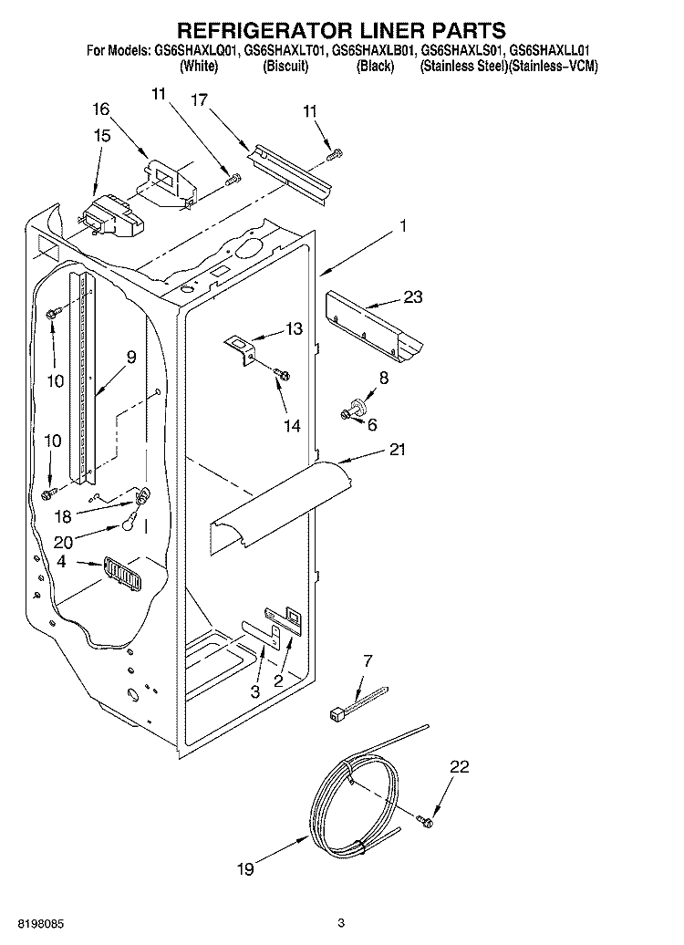 REFRIGERATOR LINER Diagram and Parts List for GS6SHAXLS01  Whirlpool Refrigerator