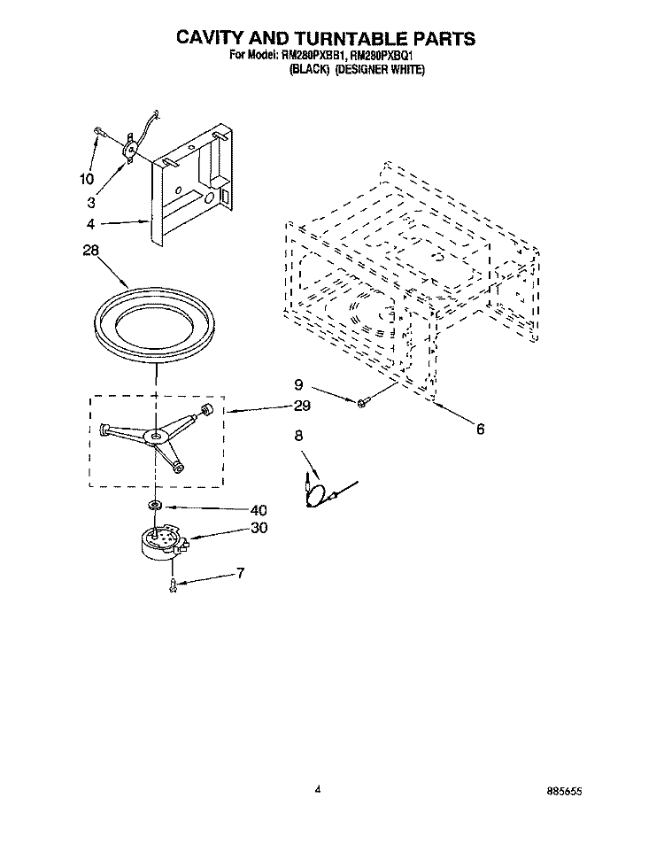 CAVITY AND TURNTABLE Diagram and Parts List for RM280PXBB1  Whirlpool Microwave Oven Combo