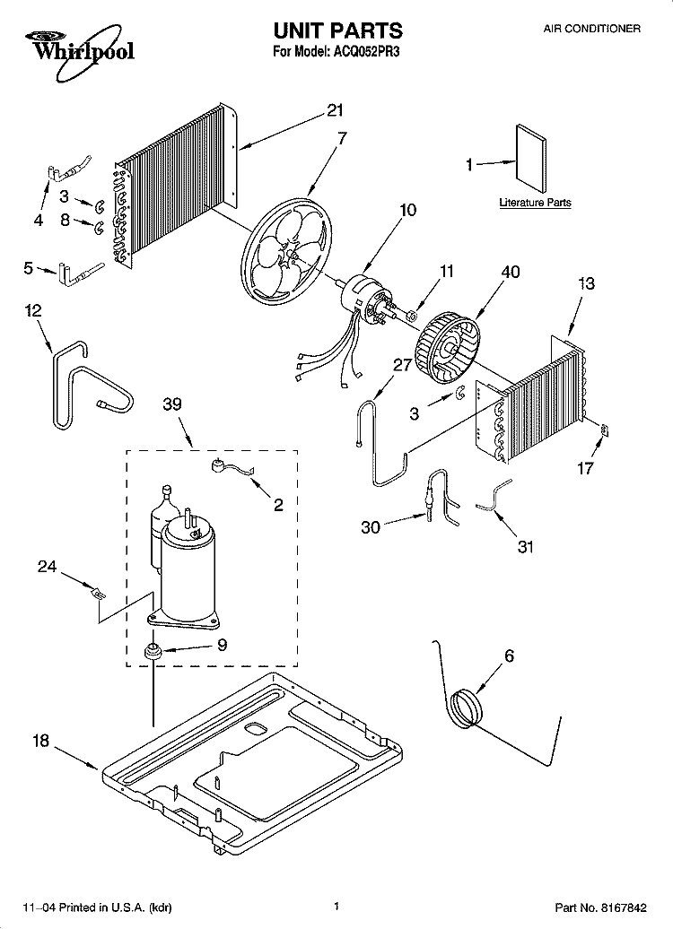 UNIT PARTS Diagram and Parts List for ACQ052PR3  Whirlpool Air Conditioner