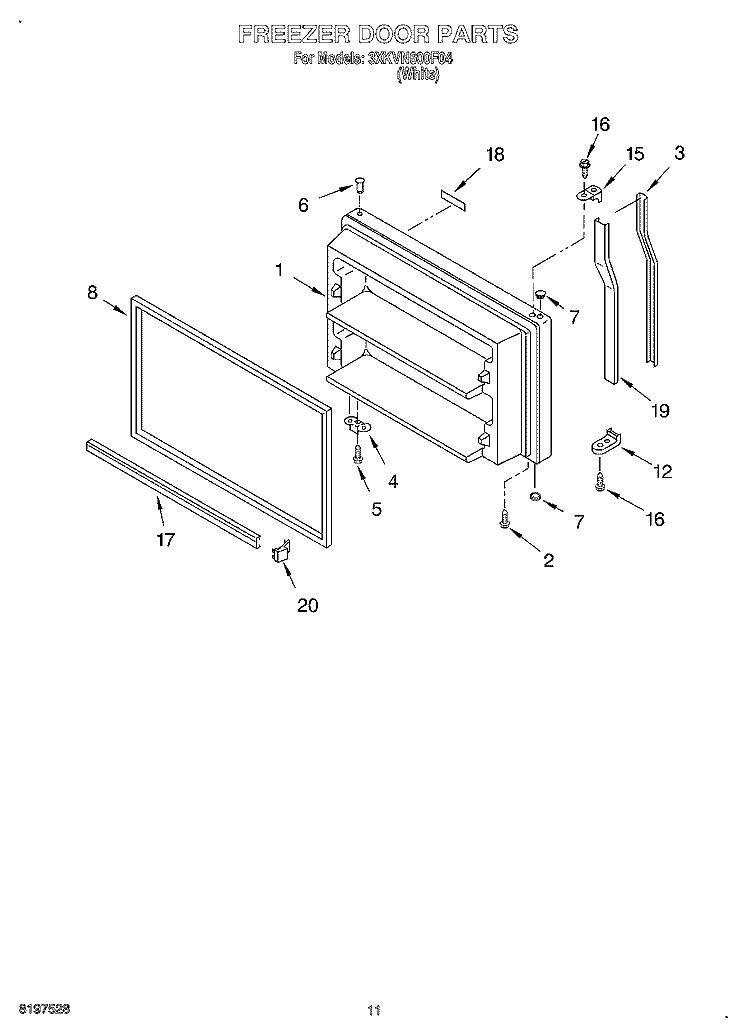 FREEZER DOOR, LIT/OPTIONAL Diagram and Parts List for 3XKVN600F04  Whirlpool Refrigerator