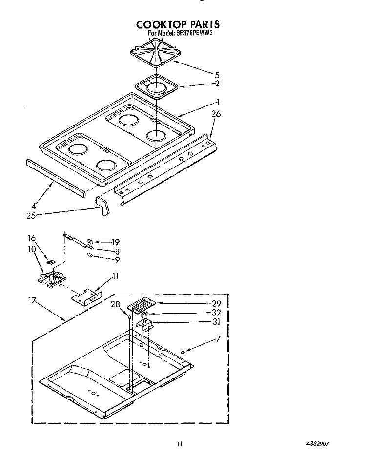 COOKTOP Diagram and Parts List for SF376PEWW3  Whirlpool Range