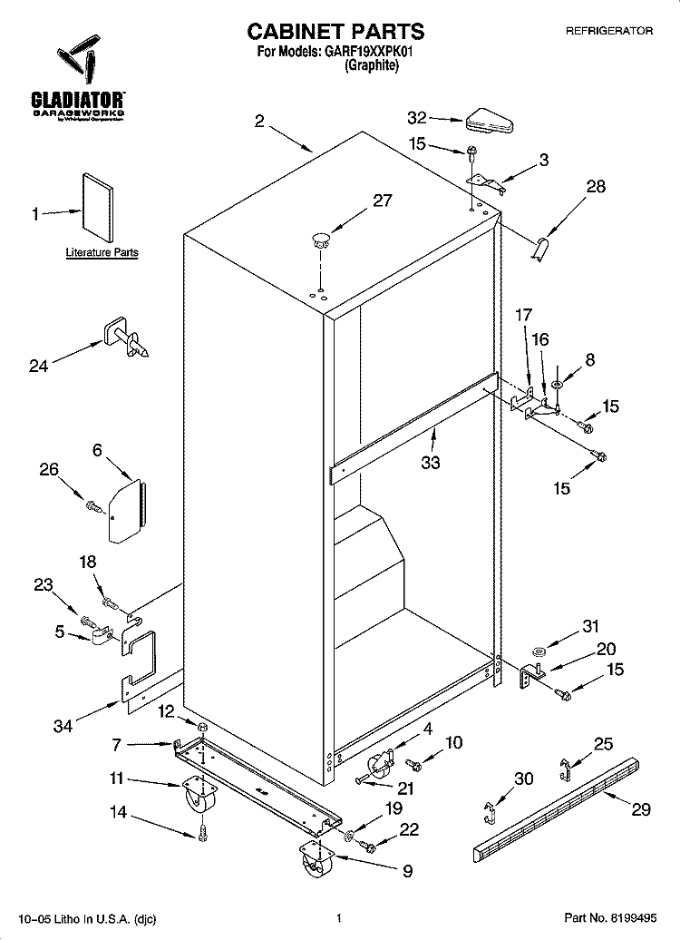 CABINET PARTS Diagram and Parts List for GARF19XXPK01  Whirlpool Refrigerator