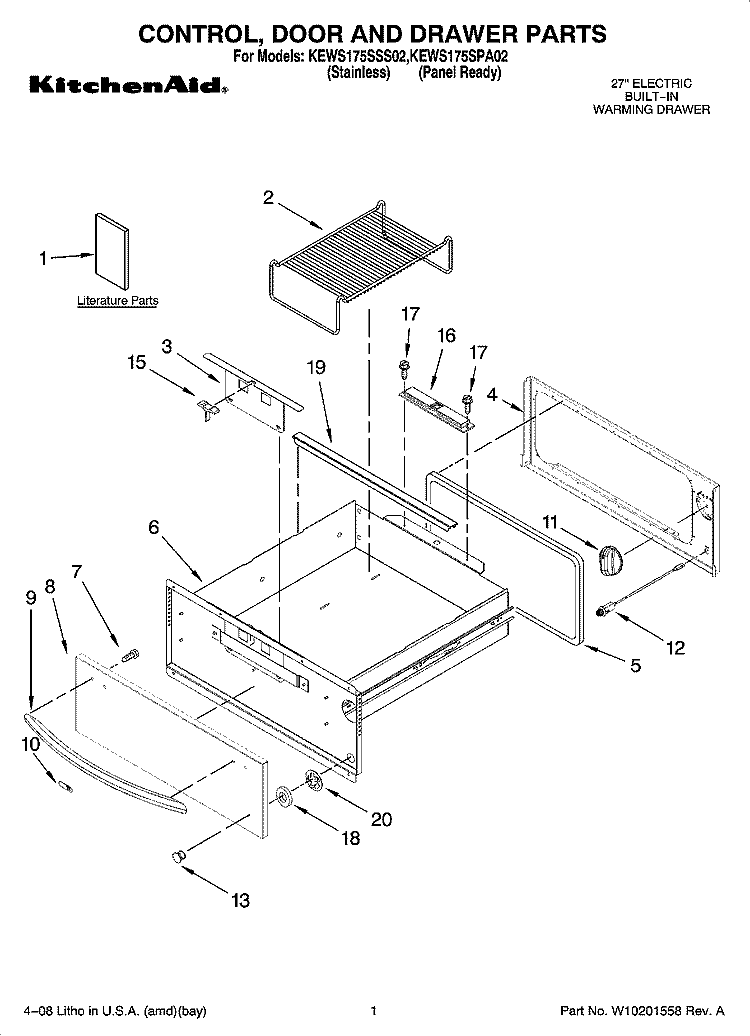 CONTROL, DOOR AND DRAWER PARTS Diagram and Parts List for KEWS175SPA02  KitchenAid Warming Drawer