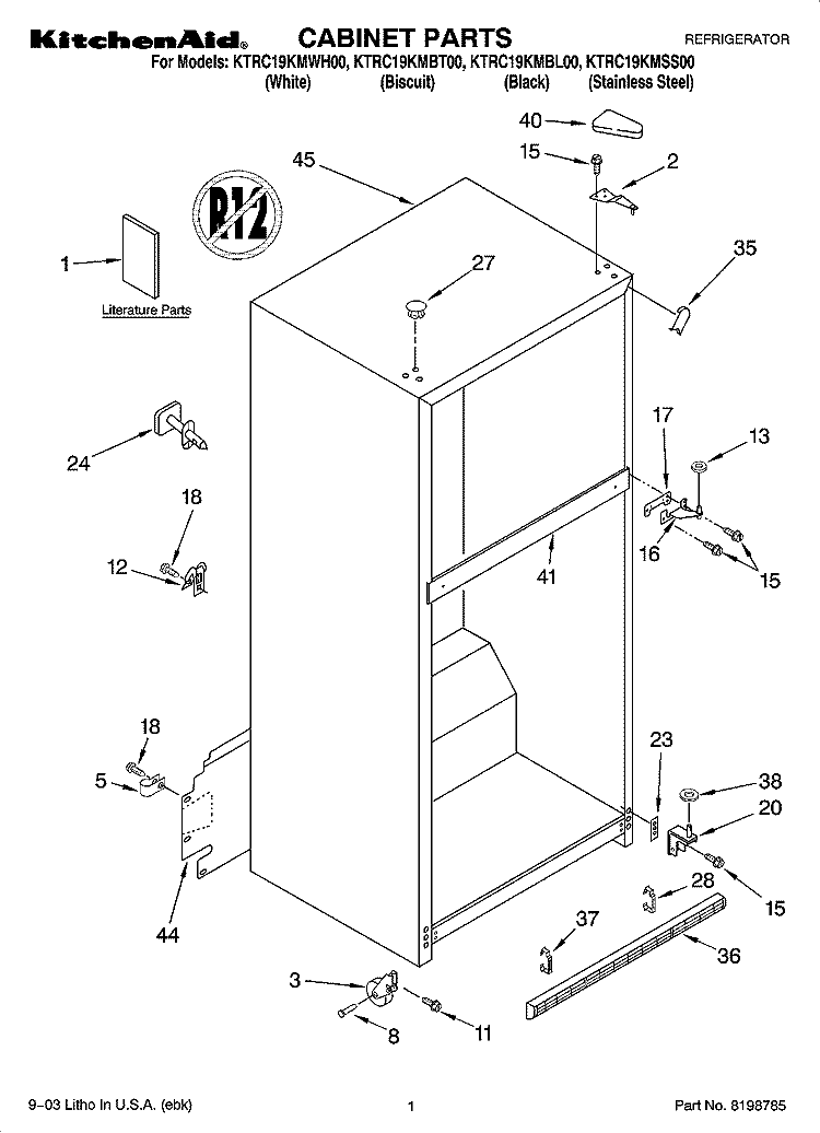 CABINET PARTS Diagram and Parts List for KTRC19KMSS00  KitchenAid Refrigerator