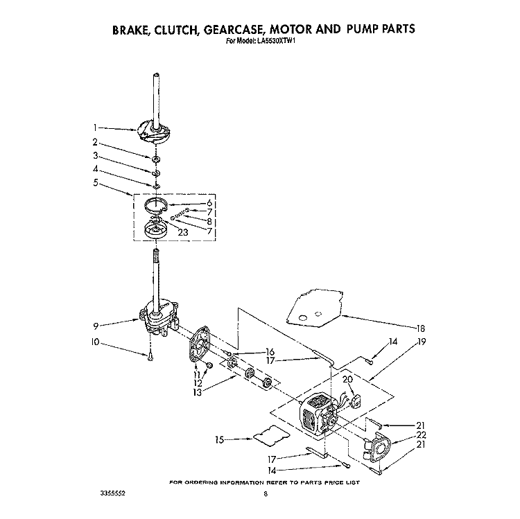 BRAKE, CLUTCH, GEARCASE, MOTOR AND PUMP Diagram and Parts List for LA5530XTF1  Whirlpool Washer