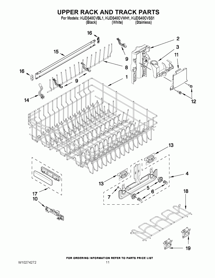 UPPER RACK AND TRACK PARTS Diagram and Parts List for KUDS40CVSS1  KitchenAid Dishwasher