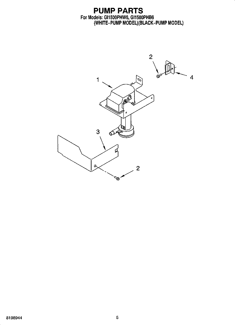 PUMP PARTS Diagram and Parts List for GI1500PHB6  Whirlpool Ice Maker